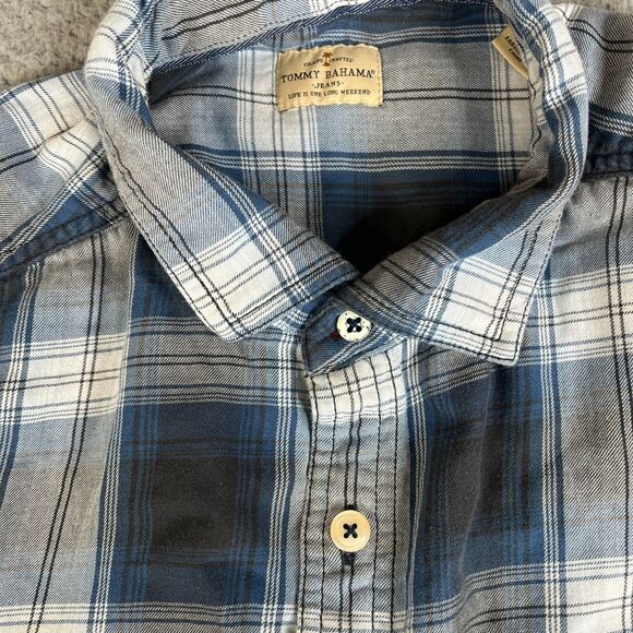 Tommy Bahama Jeans Flannel Shirt Mens Large Blue Plaid Button Long Sleeve Pocket - Picture 7 of 15
